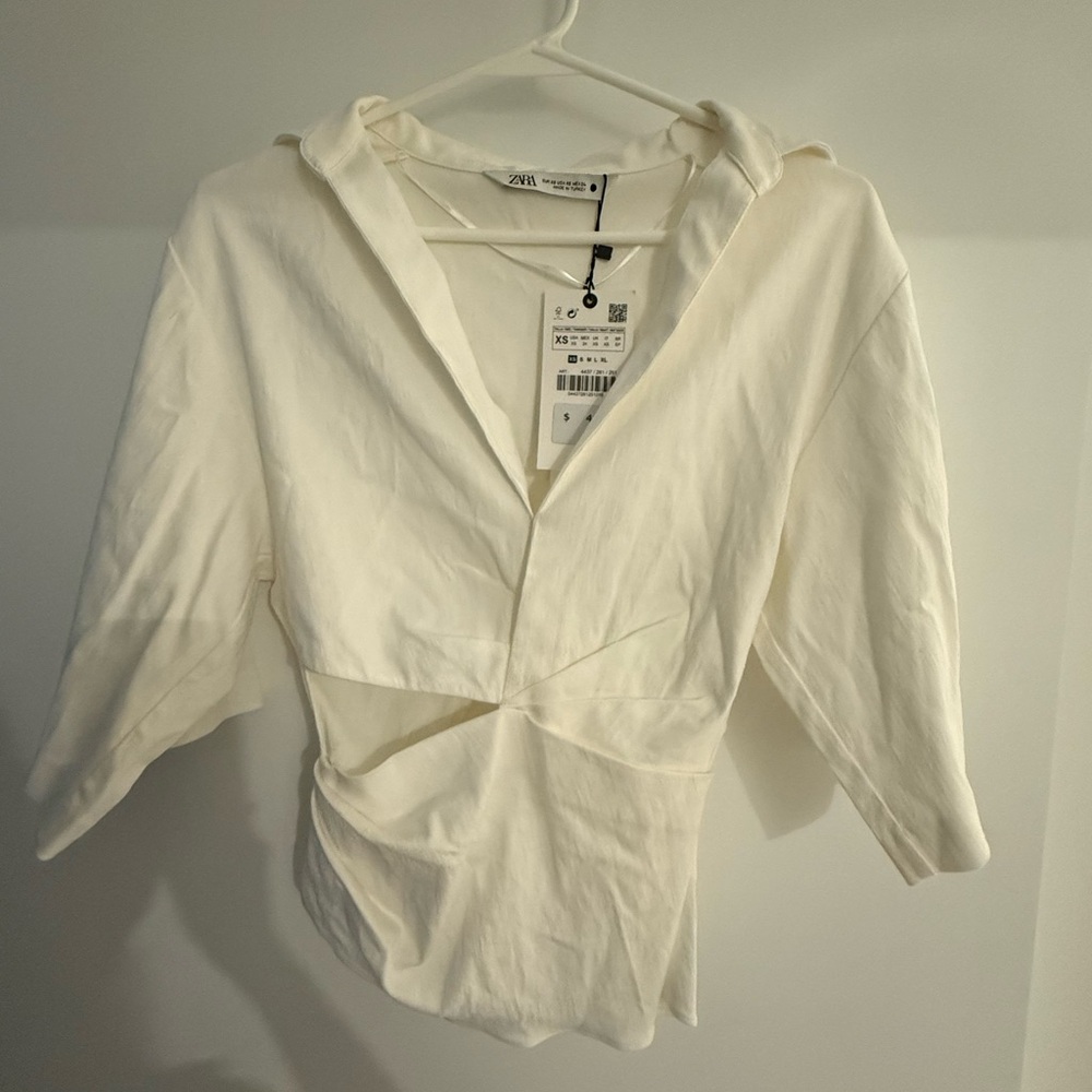 Zara Cream Fitted Button Down Shirt with Asymmetrical Neckline